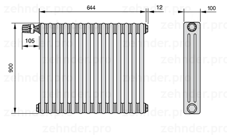 Схема (чертеж) Радиатор Zehnder Charleston 3090/14 №V012 Белый глянцевый RAL 9016